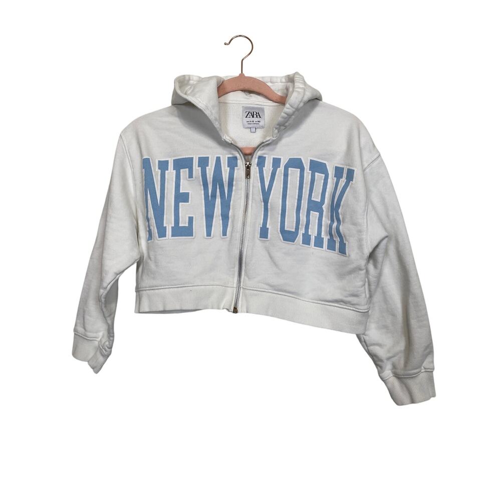 ZARA Girls White Crop NEW YORK 3\4 Sleeve Zip Up Hoodie Size 11-12